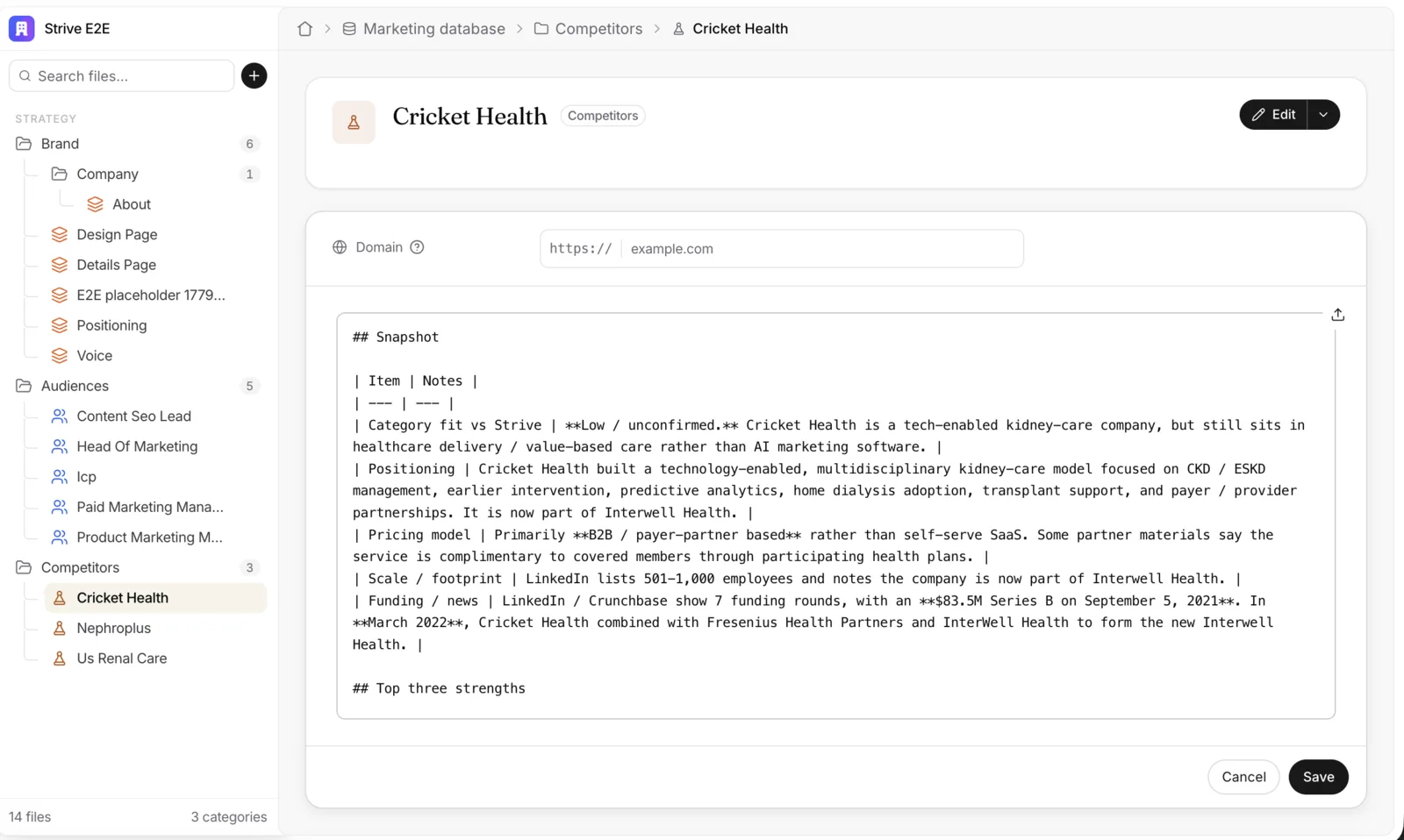 The Cricket Health competitor file in edit mode: the Domain row stays at the top, and the body below is now a markdown editor showing the raw text, a Snapshot table and a Top three strengths heading, with Cancel and Save at the bottom.