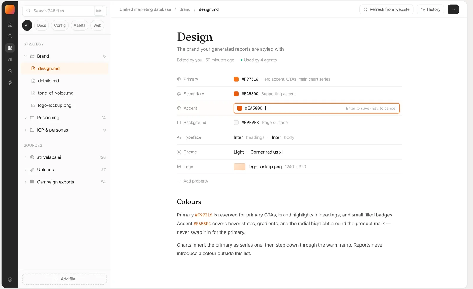 Option 1a: a design.md file opens as a document. Under the title, description and a line saying who edited it and how many agents use it, the frontmatter is a list of rows: primary, secondary and accent colours as a swatch and hex code, background, typeface, theme and logo. The accent row is being edited in place, with “Enter to save, Esc to cancel” in the field. An “Add property” link closes the list, and the doc’s Colours section follows below.