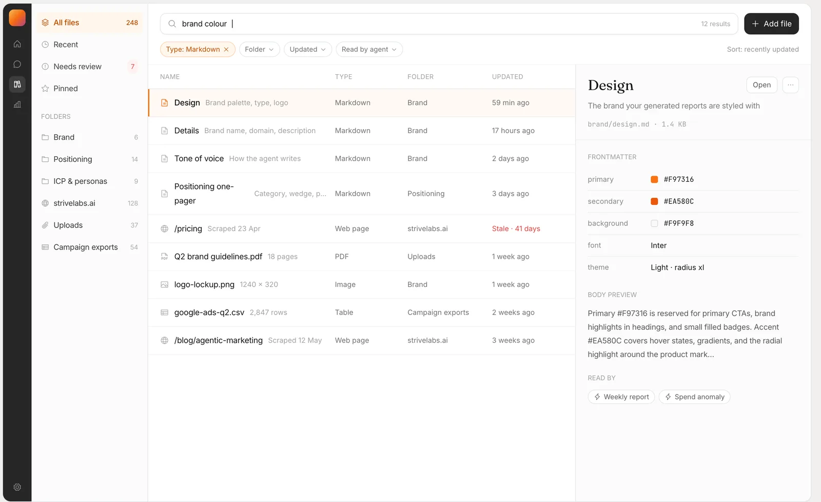 Option 1c: a search for “brand colour” over a table of every file, with filters for type, folder, update time and which agent reads it. Rows show each file’s name, type, folder and when it was updated, with one web page marked stale. Selecting the Design row opens a preview on the right with its frontmatter, a preview of the body, and the agents that read it.