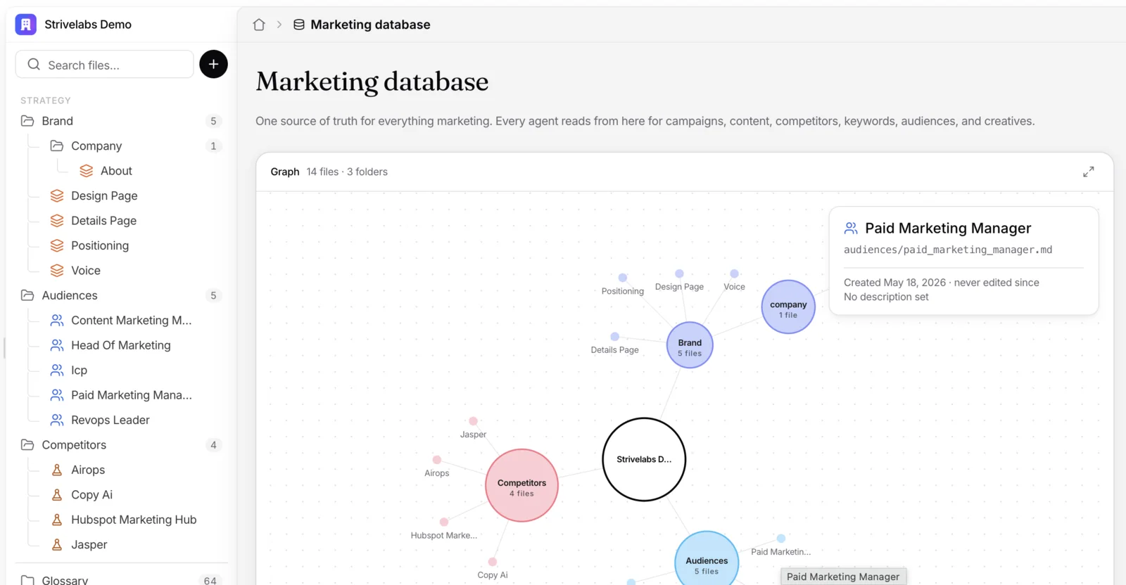 The first version: the files sidebar with its switcher, the page title and description, and the graph of small dots with a details card over it.