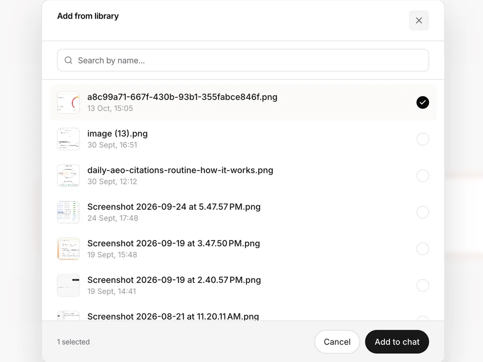 The Add from library dialog over the chat: a search box, a list of files with thumbnails, names and upload times, one ticked, “1 selected”, and Cancel and Add to chat buttons.