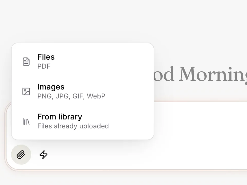 The chat home in Strive with the attach menu open above the composer: Files (PDF), Images (PNG, JPG, GIF, WebP) and From library (files already uploaded).