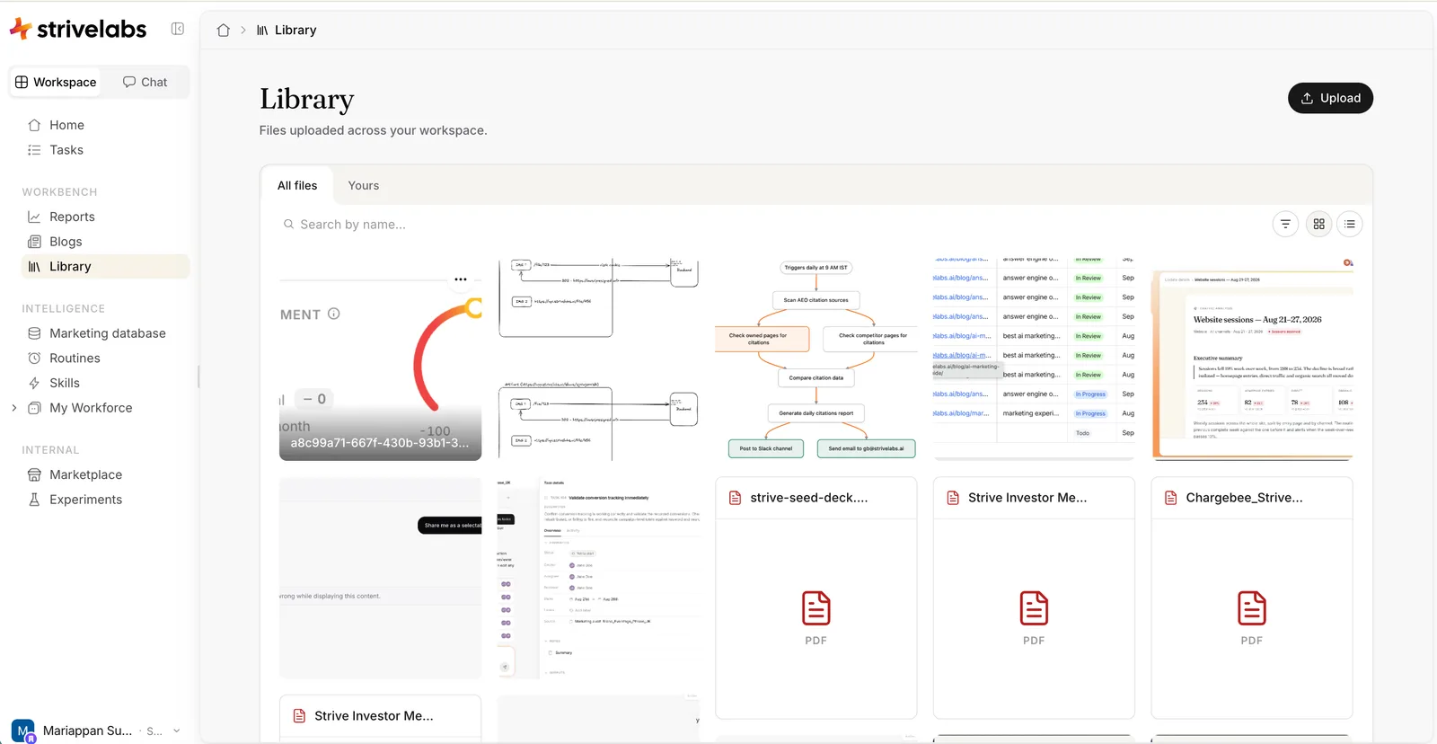 The Library in Strive, in grid view: Library is active in the platform sidebar, under Reports and Blogs. The page has its title, “Files uploaded across your workspace” and an Upload button, then a card with All files and Yours tabs, a search box, and filter, grid and list buttons. Below, a masonry grid of screenshots in their own shapes, and PDFs as cards with the file name on top and a PDF mark.