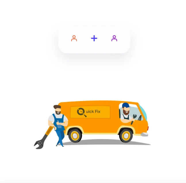 Quickfix illustration: a mechanic leaning on a giant wrench beside an orange Quick Fix van, with a second mechanic waving from the driver’s seat.