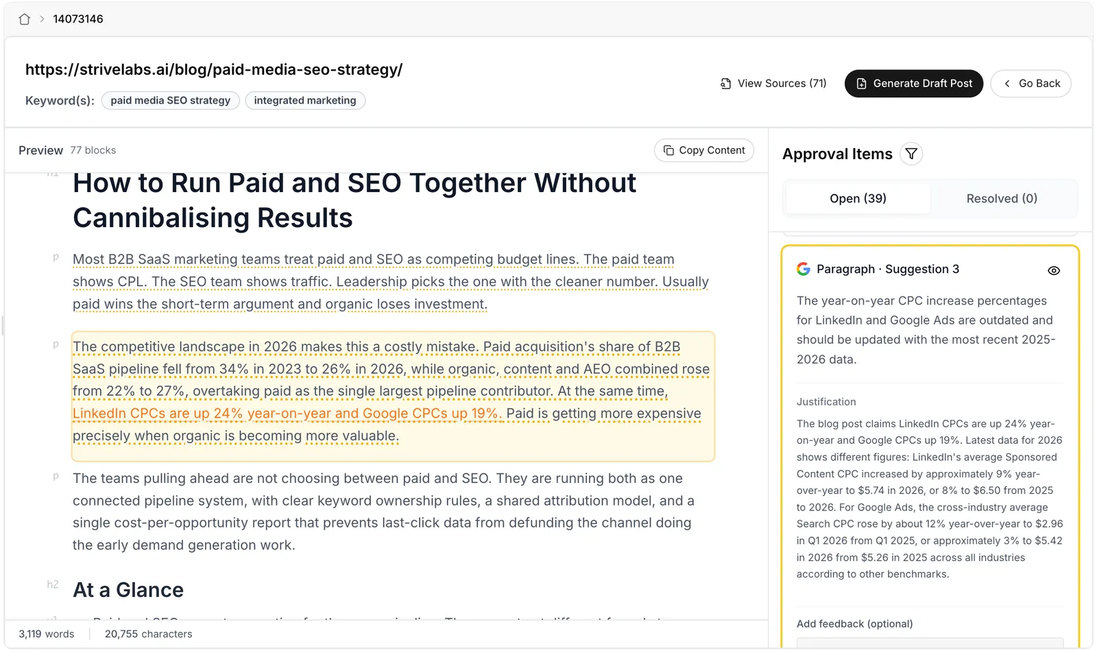 The live review: the post on the left with p and h2 labels in the gutter and dotted underlines under text that has suggestions. One paragraph is highlighted, with the phrase about LinkedIn and Google CPCs in orange. On the right, Approval Items with Open 39 and Resolved 0 tabs and a filter, and the matching card, Paragraph · Suggestion 3, with a Google icon, an eye button, the suggestion, its justification and a feedback box.