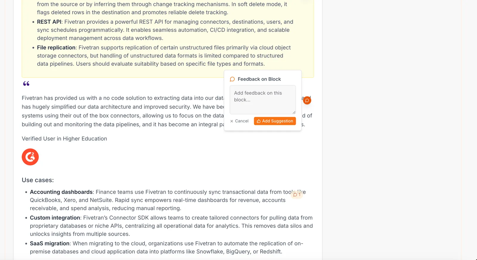 The prototype: a Feedback on Block popover with a text box and an orange Add Suggestion button, open over a customer quote, with a small comment count bubble further down the post.