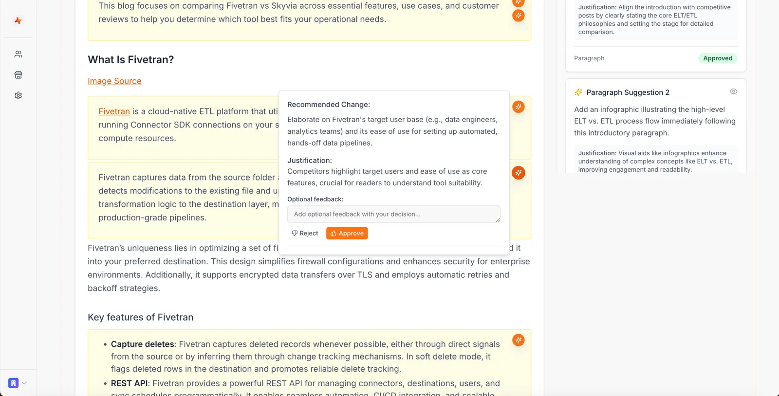 The prototype in Strive’s old orange theme: the post with most paragraphs tinted yellow, an orange sparkle button on the right edge of each one, and a Recommended Change popover covering the middle of a paragraph with its justification, an optional feedback box, and Reject and Approve. On the right, a panel repeats the suggestions as cards, one marked Approved.