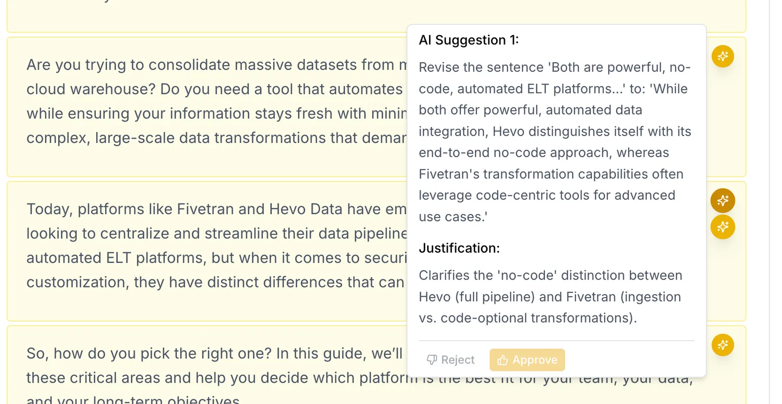 The prototype: yellow-tinted paragraphs with sparkle buttons on their right edge, two of them stacked beside one paragraph, and a popover titled AI Suggestion 1 with the change, a justification, and Reject and Approve buttons.