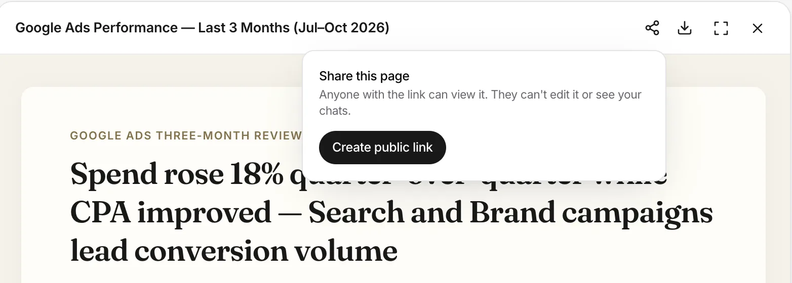The first popover before a link exists: Share this page, one line saying anyone with the link can view it, and a Create public link button.