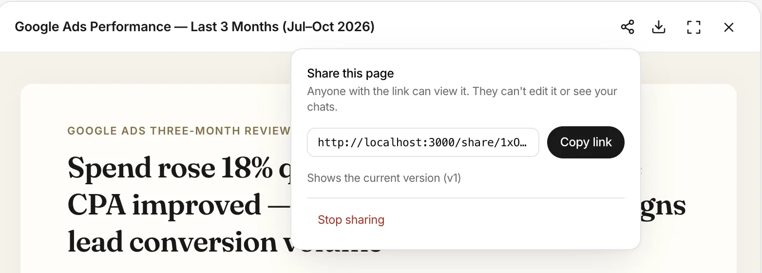 The first share popover on an artifact: separate share and download icons in the panel header, and a Share this page popover with one line of copy, the link in a box, a Copy link button, “Shows the current version (v1)”, and Stop sharing in red.
