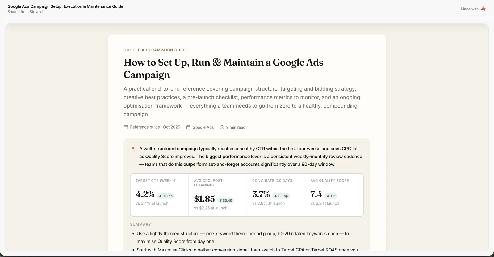 A shared artifact opened signed out: a slim header with the title, Google Ads Campaign Setup, Execution and Maintenance Guide, and “Shared from Strivelabs” under it, and “Made with” and the Strive mark on the right. Below, the guide itself: its eyebrow, headline, summary, a metrics row and a summary list.