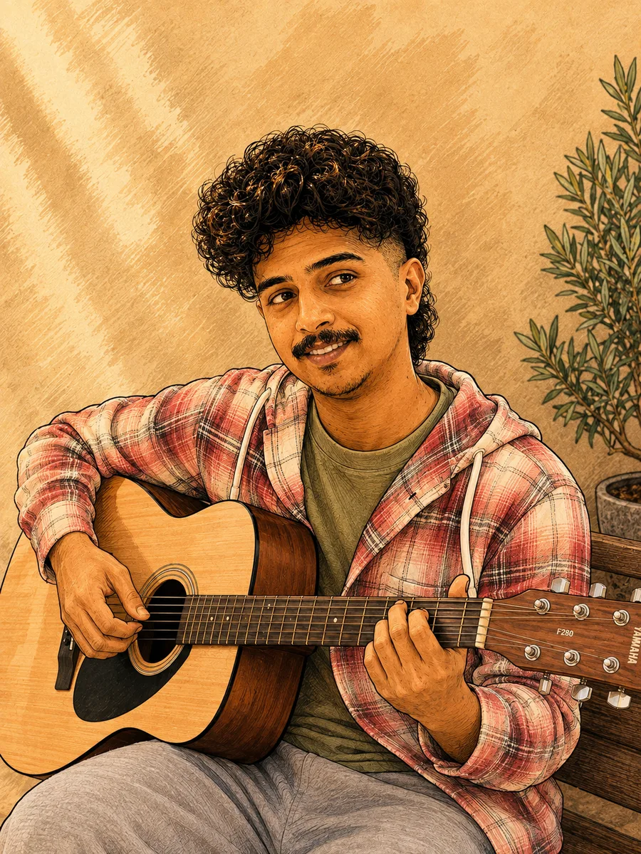 Illustration of Mariappan playing an acoustic guitar on a bench