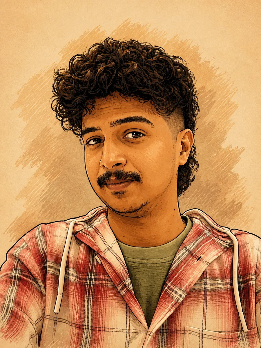 Illustrated portrait of Mariappan in a red plaid shirt, curly hair, slight smile