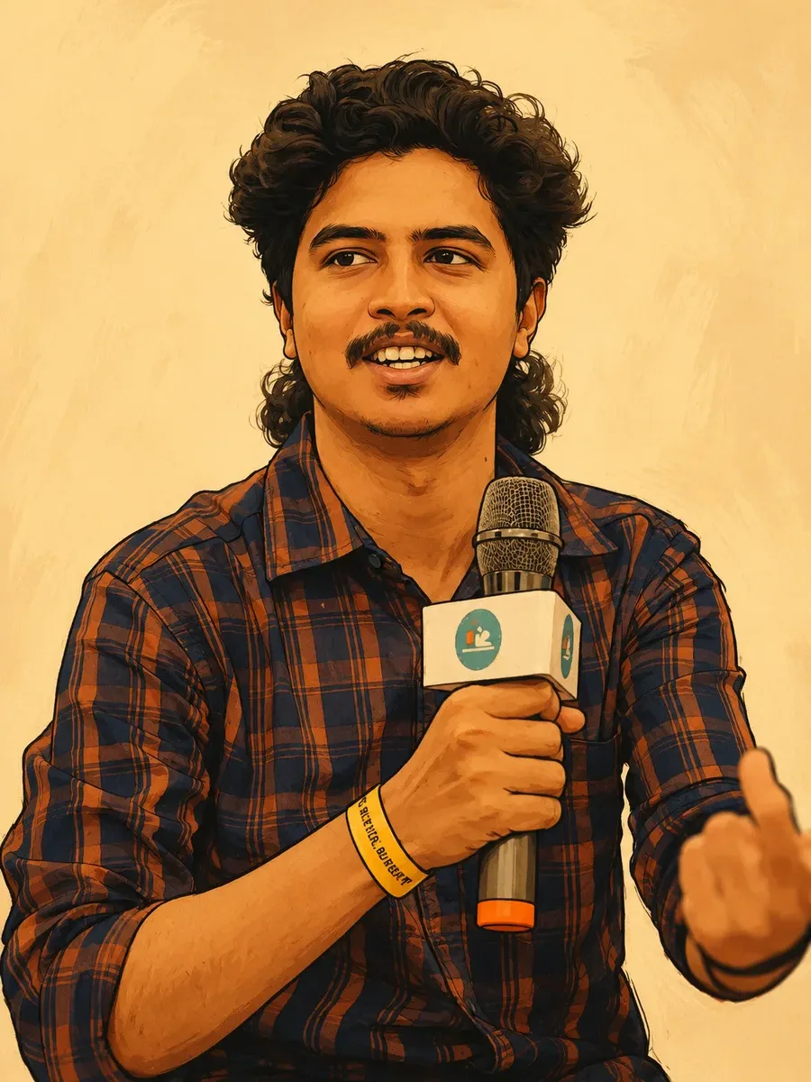 Illustration of Mariappan speaking into a microphone, mid-sentence