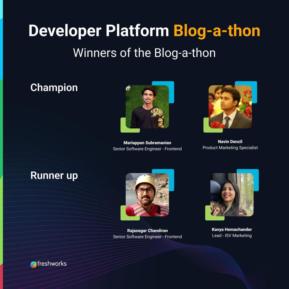 Winners poster for the Freshworks Developer Platform Blog-a-thon, naming Mariappan Subramanian as champion