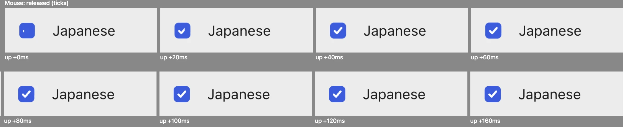 Filmstrip of a checkbox after a mouse click, every 20 milliseconds from 0 to 160: at 0 the tick is barely started, by 40 to 60 it is drawn left to right, and it stays put after that.