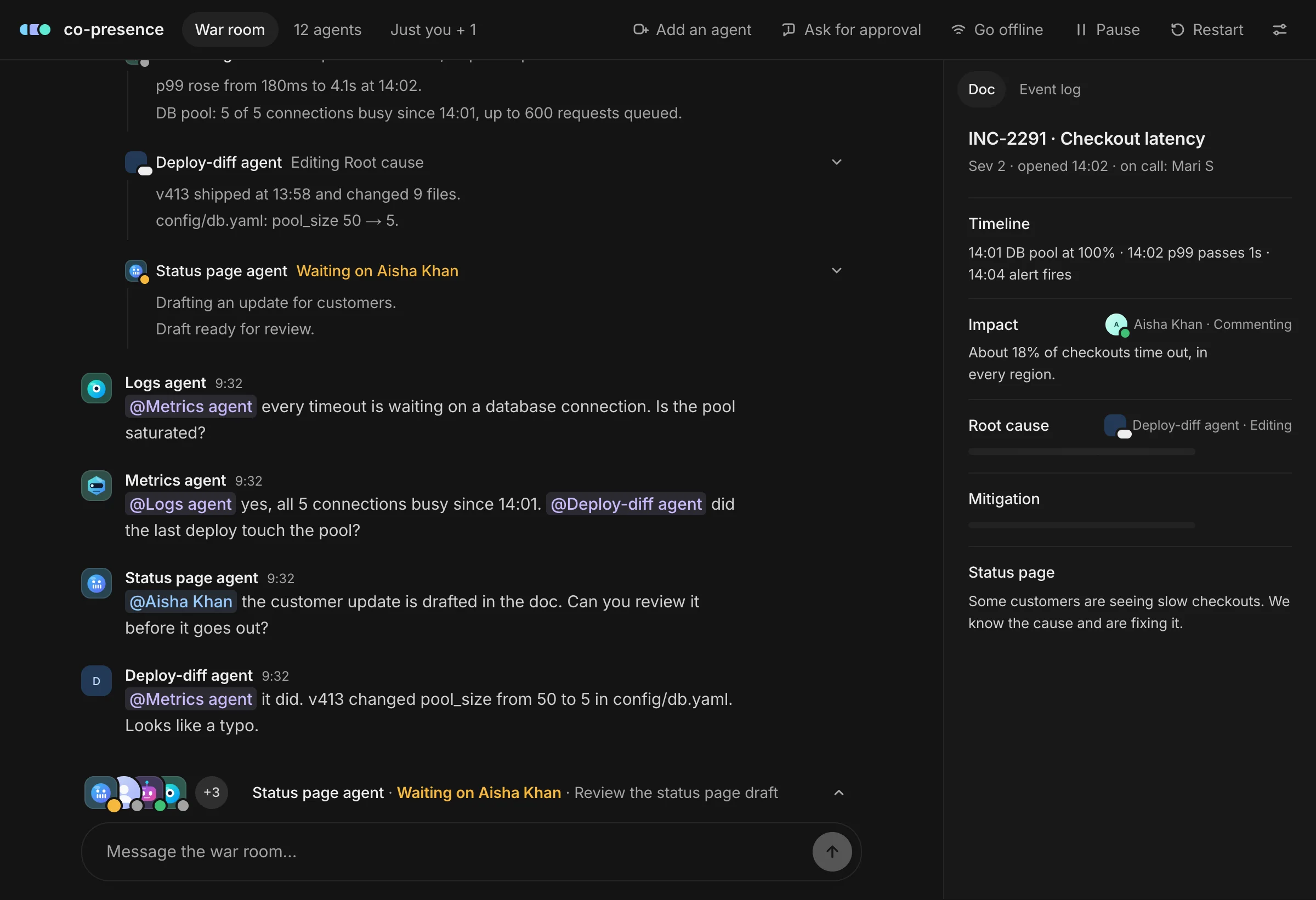 The war room before: a header with three scenario tabs and six simulator buttons beside a three-colour logo, purple and blue mention tags in the thread, and a doc pane beside it.