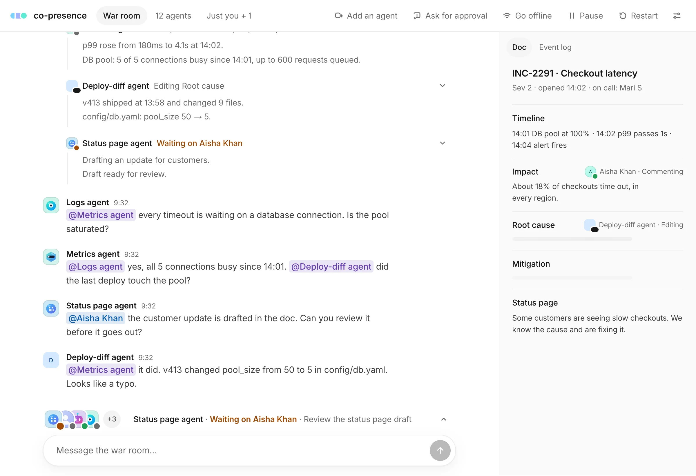 The war room before: a header with three scenario tabs and six simulator buttons beside a three-colour logo, purple and blue mention tags in the thread, and a doc pane beside it.