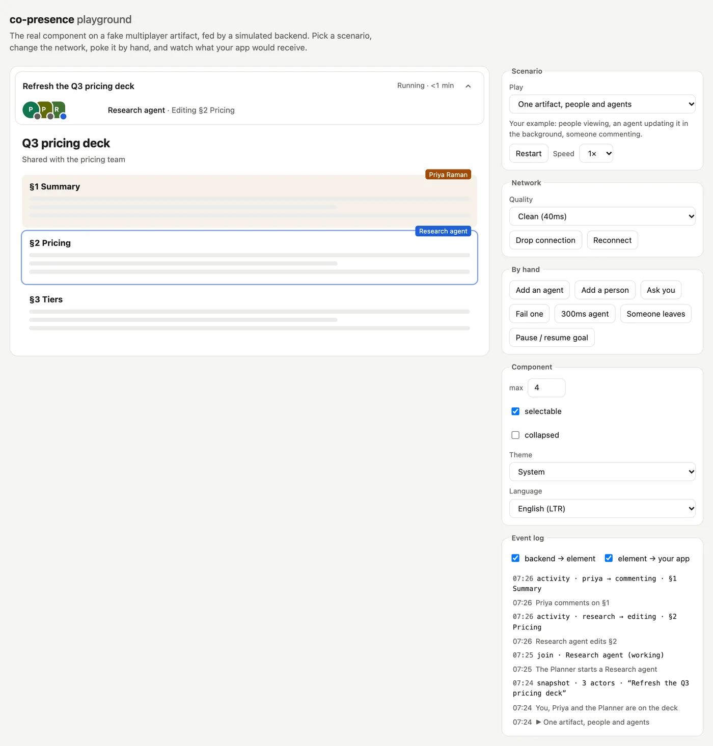 The first playground: the component as a card on top of a fake Q3 pricing deck, with an agent’s section outlined in blue and someone’s comment tagged in orange, and a side panel of scenario, network, by-hand, component and event log controls.