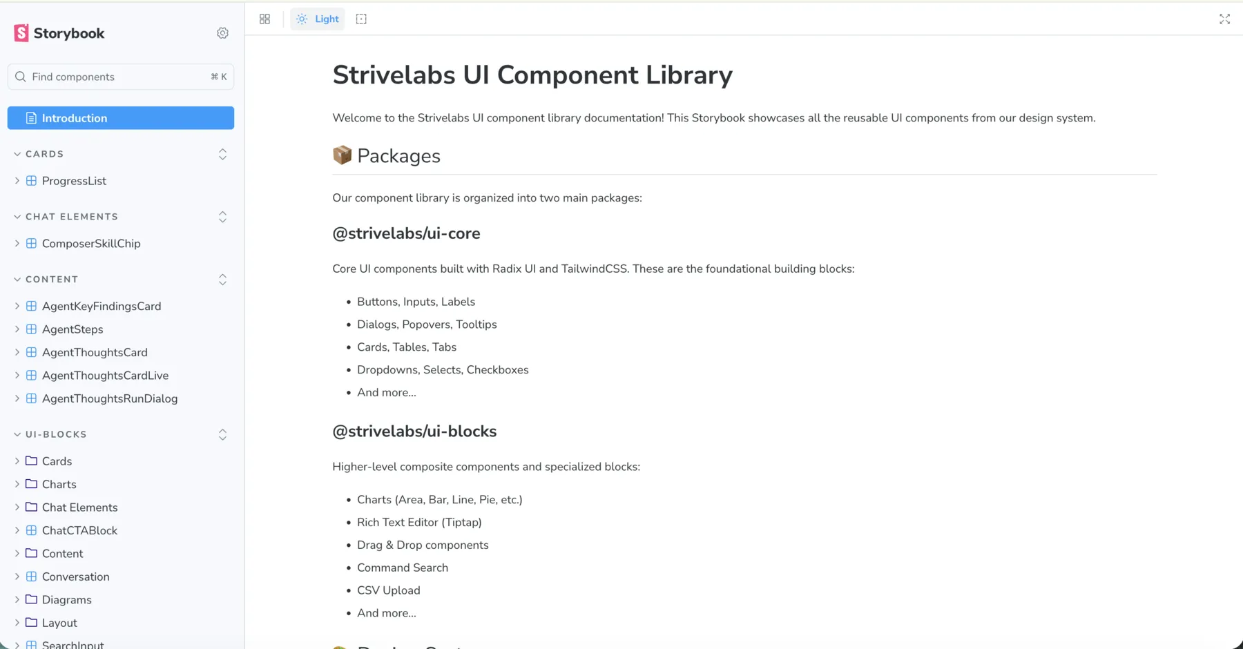 Our Storybook: the component list on the left, with cards, chat elements, content and ui-blocks groups, and the introduction page for the Strivelabs UI component library, which describes the two packages. ui-core holds core components built with Radix UI and Tailwind CSS, like buttons, inputs, dialogs, cards, tables and dropdowns. ui-blocks holds higher-level blocks like charts, a rich text editor, drag and drop, command search and CSV upload.