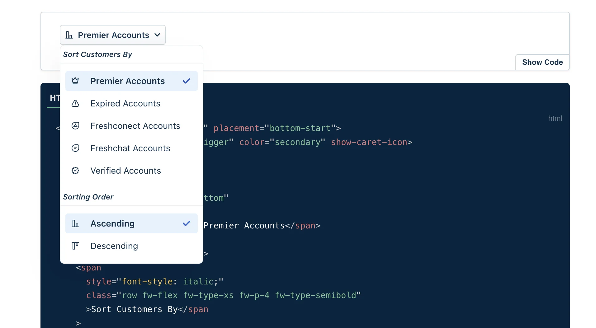 The Crayons popover in Freshworks’ design system docs: a Premier Accounts button opens a menu to sort customers by account type and order, over the component’s code sample.
