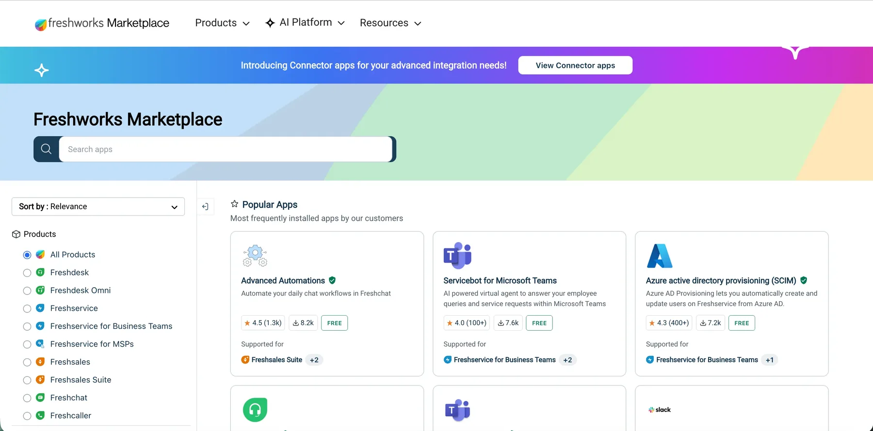 The revamped Freshworks Marketplace: a search bar, product filters on the left, and a grid of popular apps.