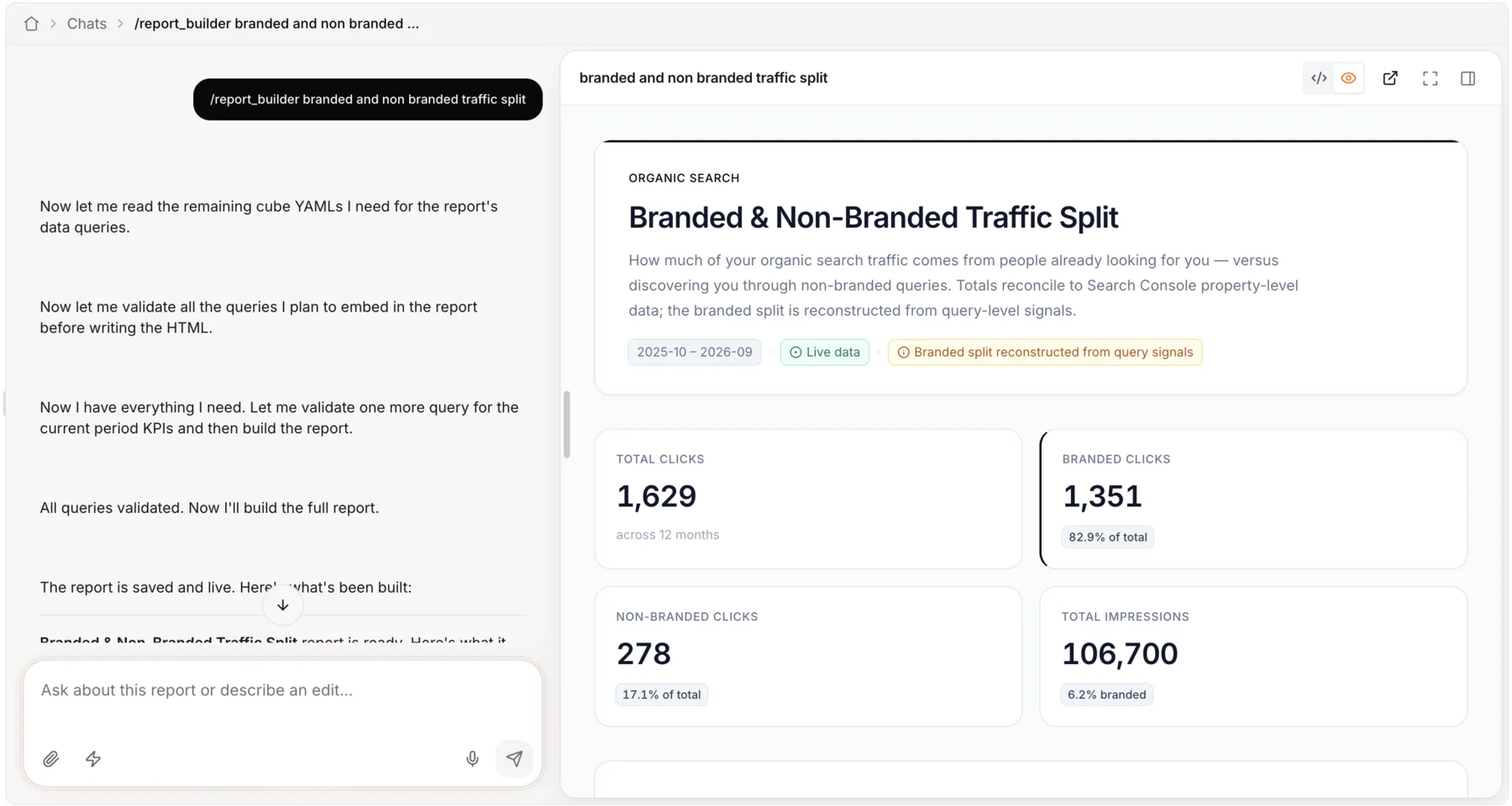 Strive Studio in use: on the left, the chat narrates each step of building a branded and non-branded traffic report; on the right, the finished report sits in a resizable canvas, with code, preview, open, full-screen and panel controls in its header.