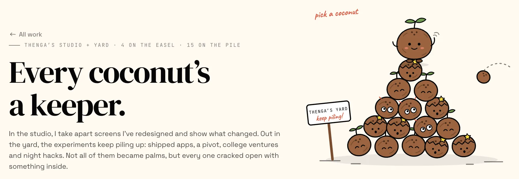 The experiments page hero: “Every coconut’s a keeper.” next to a heap of coconut mascots.