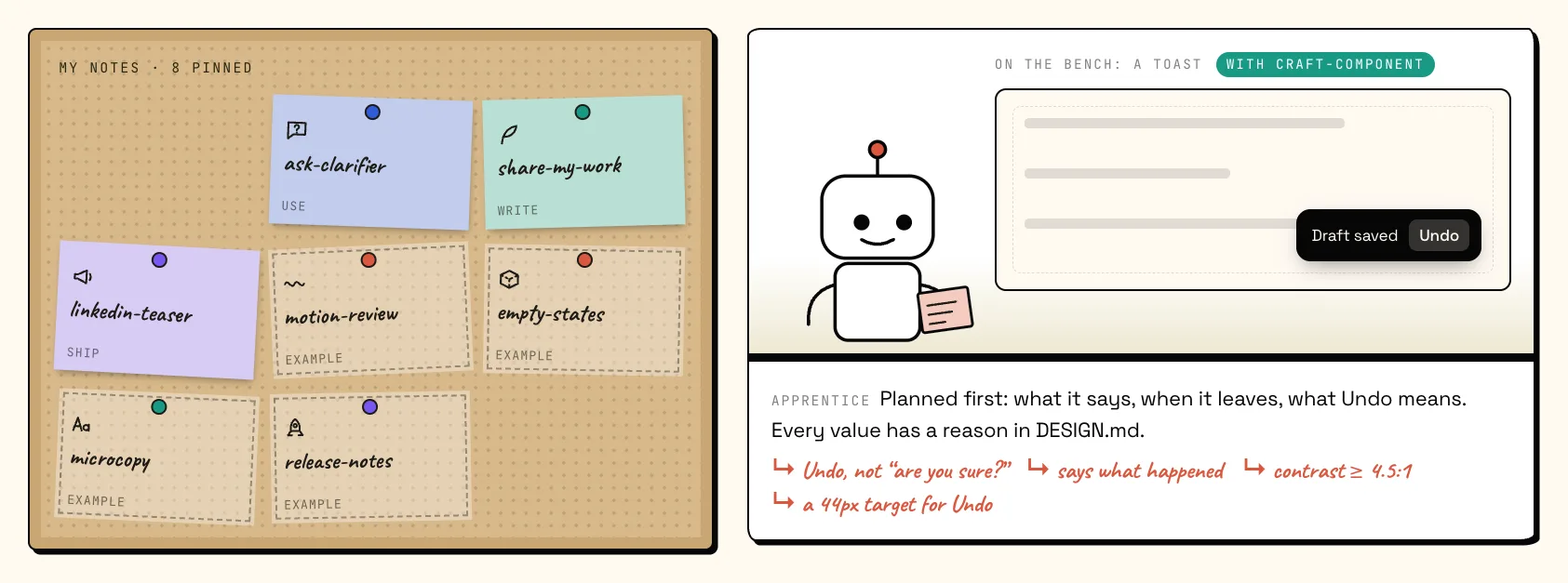 A corkboard of skill notes and a robot apprentice whose rough toast becomes a crafted one after it reads a note.