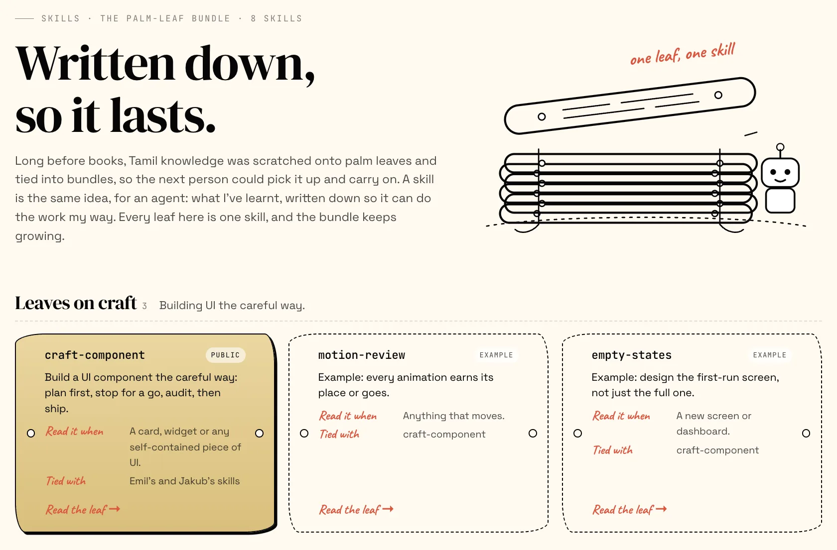 The skills page as a palm-leaf bundle: a hero headed “Written down, so it lasts.” and leaf-shaped cards.