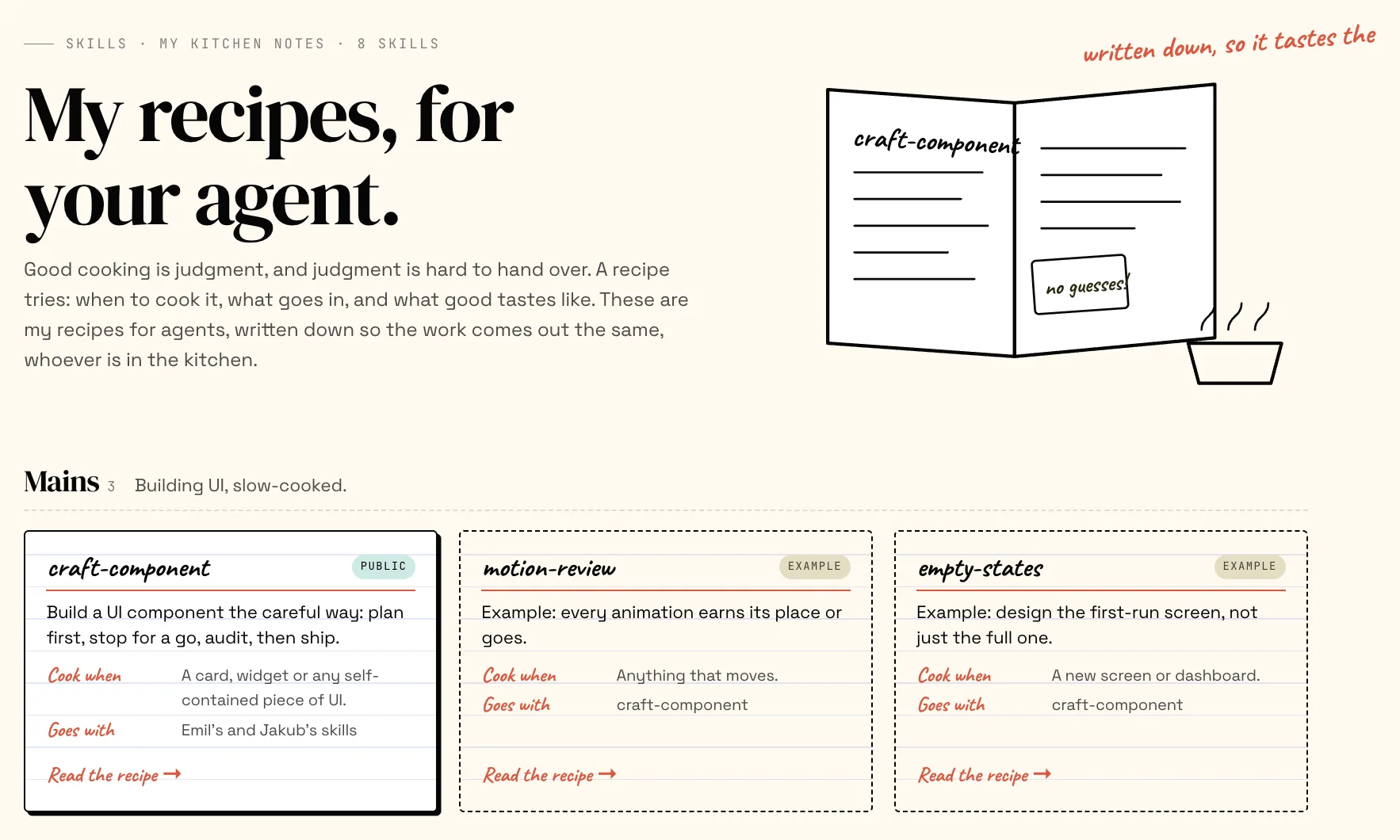 The skills page as a recipe book: “My recipes, for your agent.” with recipe cards.