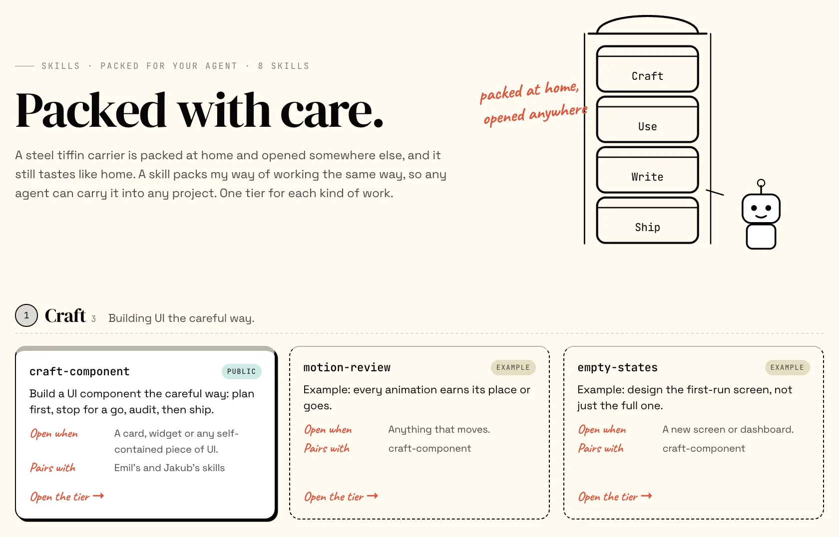 The skills page as a steel tiffin carrier: “Packed with care.” with one tier per kind of skill.