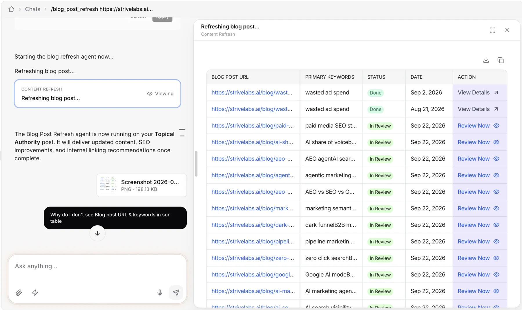 The same content refresher inside Strive AI: the chat on the left starts the blog refresh agent, and the same table of blog posts, keywords, status and review actions opens in a panel beside the thread.